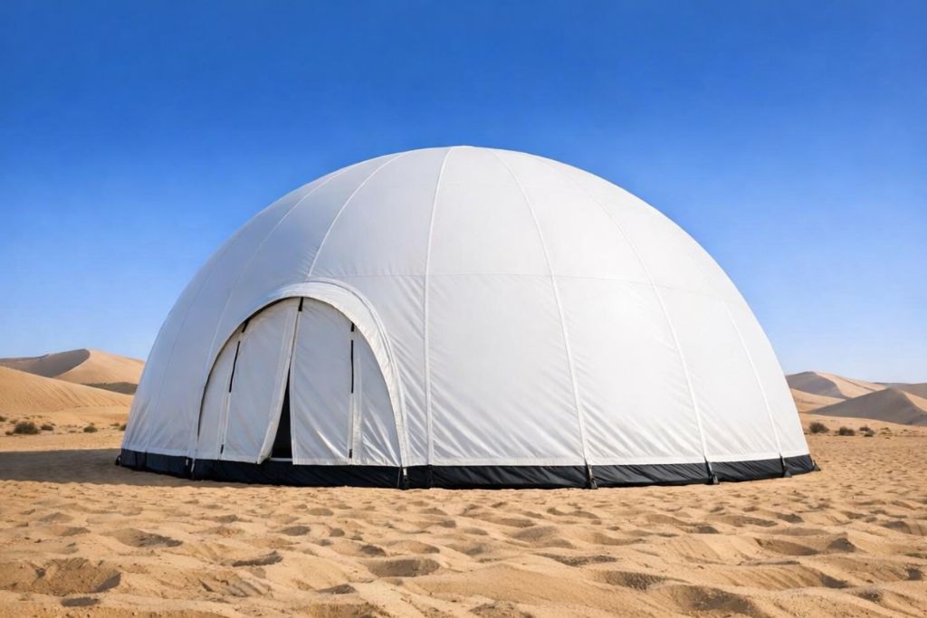 Geodesic dome tent in white set up in the UAE desert by Mahraj Industries
