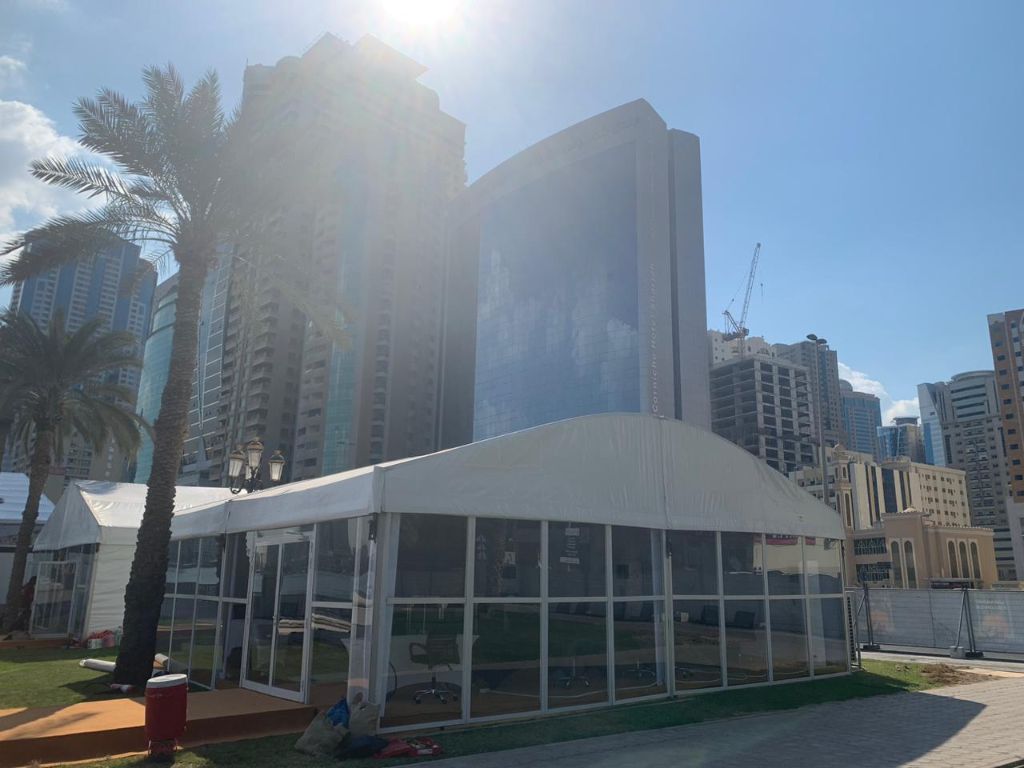 Glass wall corporate event tent manufactured by Mahraj Industries in Sharjah UAE