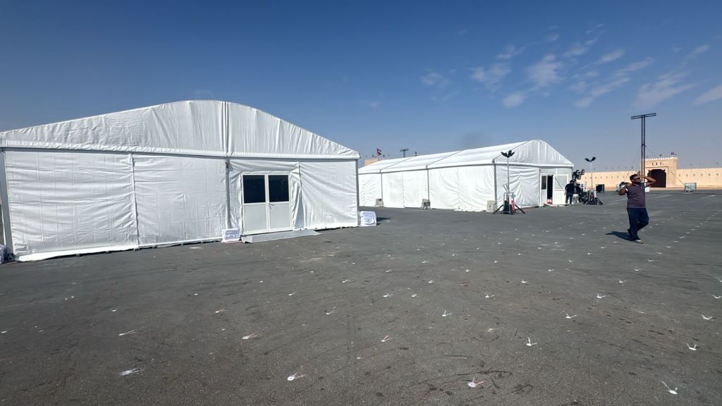 Industrial storage tents installed in a desert setting by Mahraj Industries - tent supplier UAE